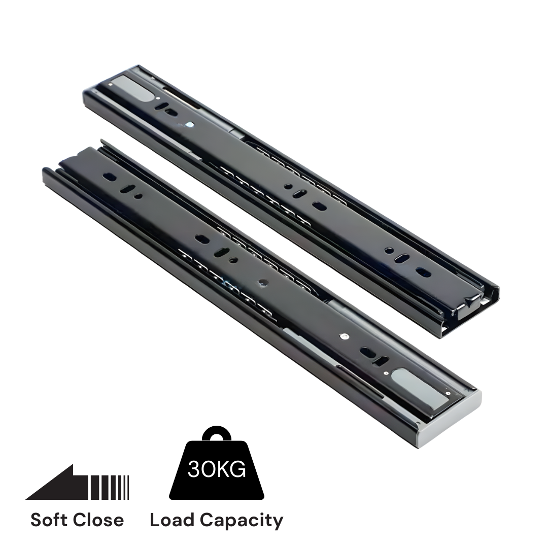 Two black drawer slides with soft close feature and load capacity indicator on a white background