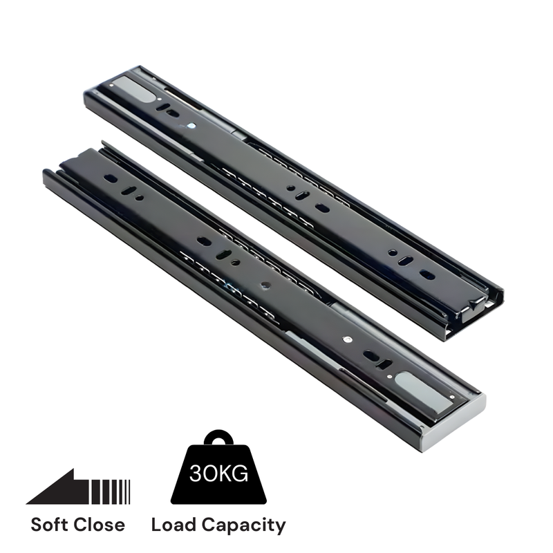 Two black drawer slides with soft close feature and load capacity indicator on a white background